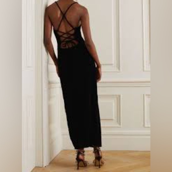 NWT Staud Bellamy Lace Up Square Neck Black Velvet Slit Front Gown - Picture 1 of 7